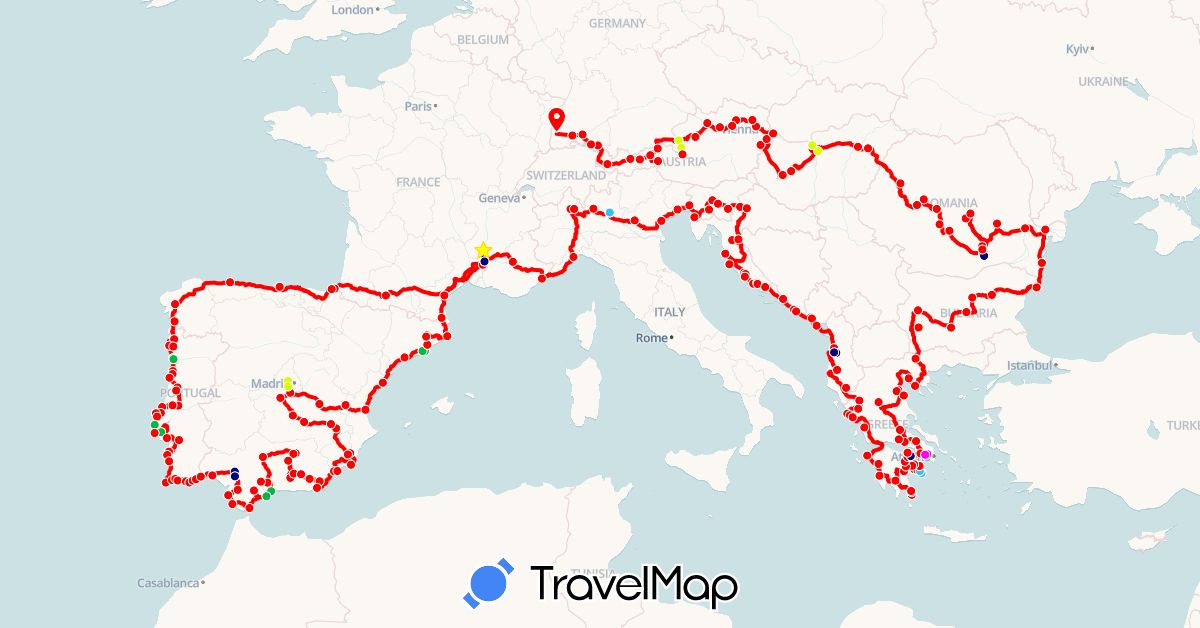TravelMap itinerary: driving, bus, boat, camion, train, métro in Albania, Austria, Bulgaria, Germany, Spain, France, Gibraltar, Greece, Croatia, Hungary, Italy, Montenegro, Portugal, Romania, Slovenia (Europe)